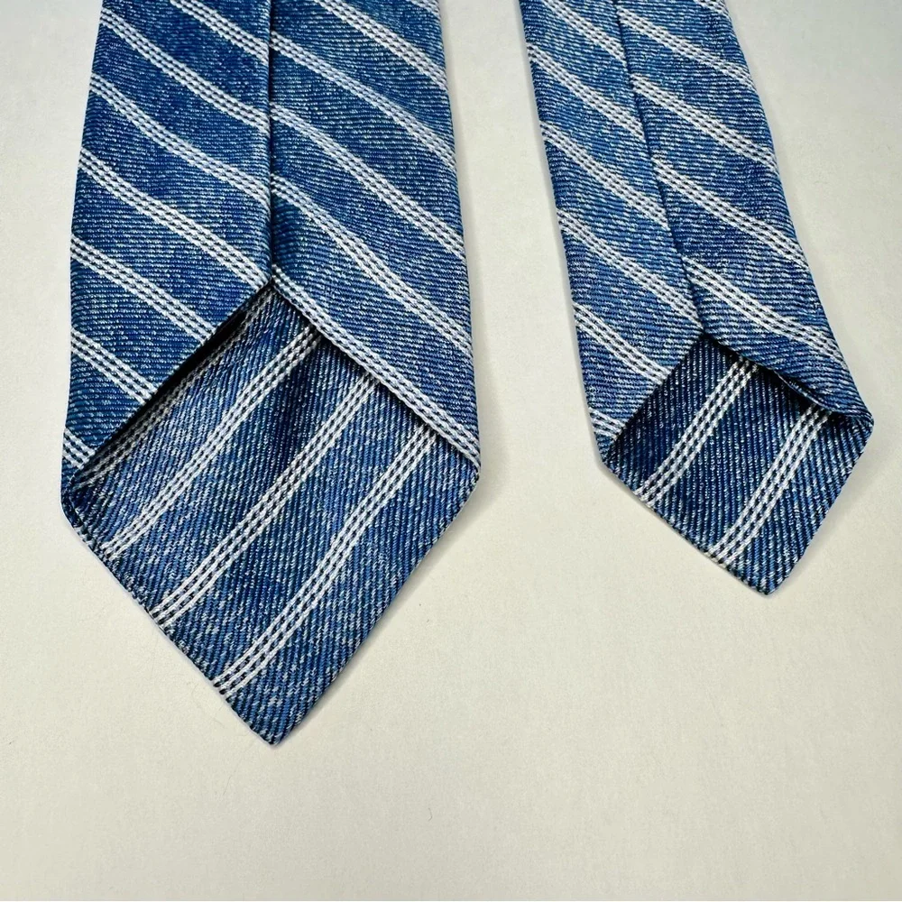 Red Fleece BROOKS BROTHERS Untipped Denim Blue White Striped Slim Silk Tie 2.25”
